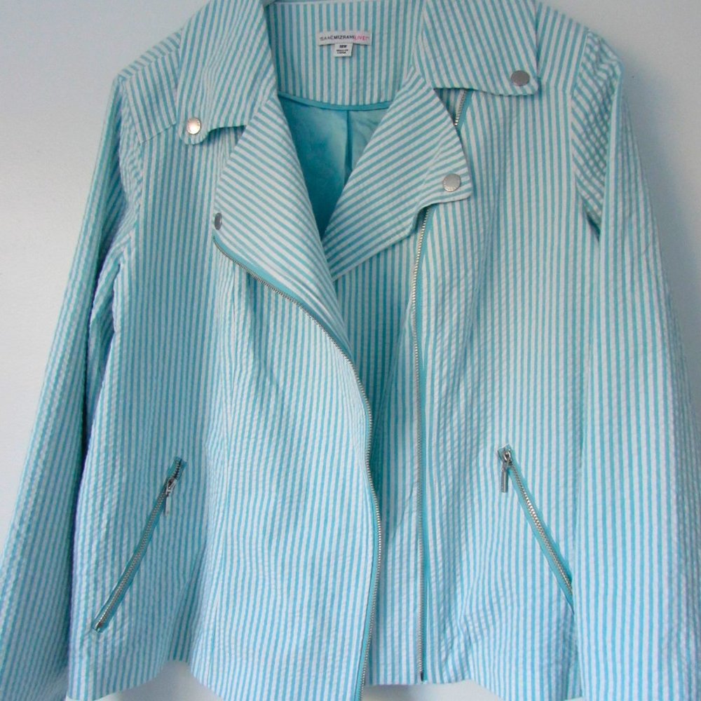 Isaac Mizrahi Moto Teal Pinstripe Seersucker